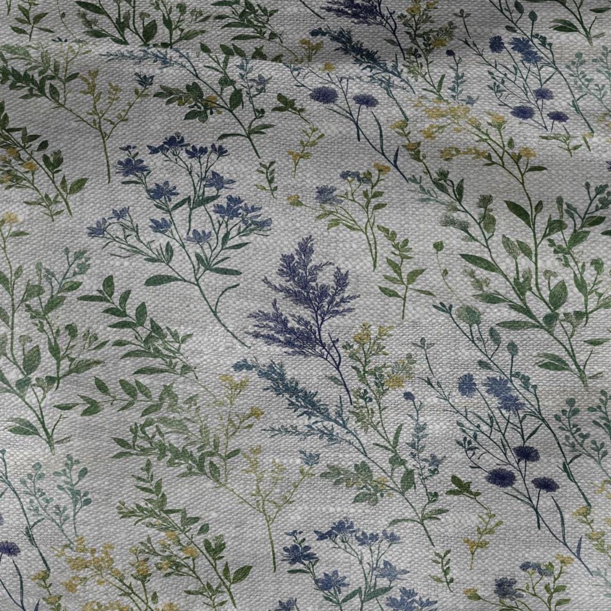100% LINEN Fabric meadow flowers blue print - botanical floral on oatmeal linen - modern vintage 3038