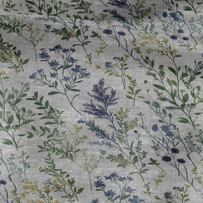 100% LINEN Fabric meadow flowers blue print - botanical floral on oatmeal linen - modern vintage 3038