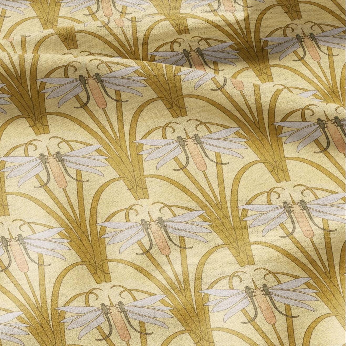 100% linen Art Nouveau Print fabric for Curtain Upholstery Cushion - Floral fabric DRAGONFLIES - fabric material for dress making sewing
