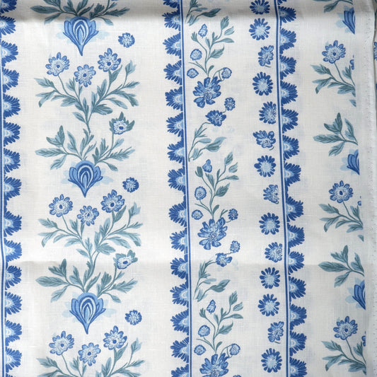 100% LINEN Fabric Floral stripe blue green white - french linen floral upholstery home textile Victorian fabrics 2153
