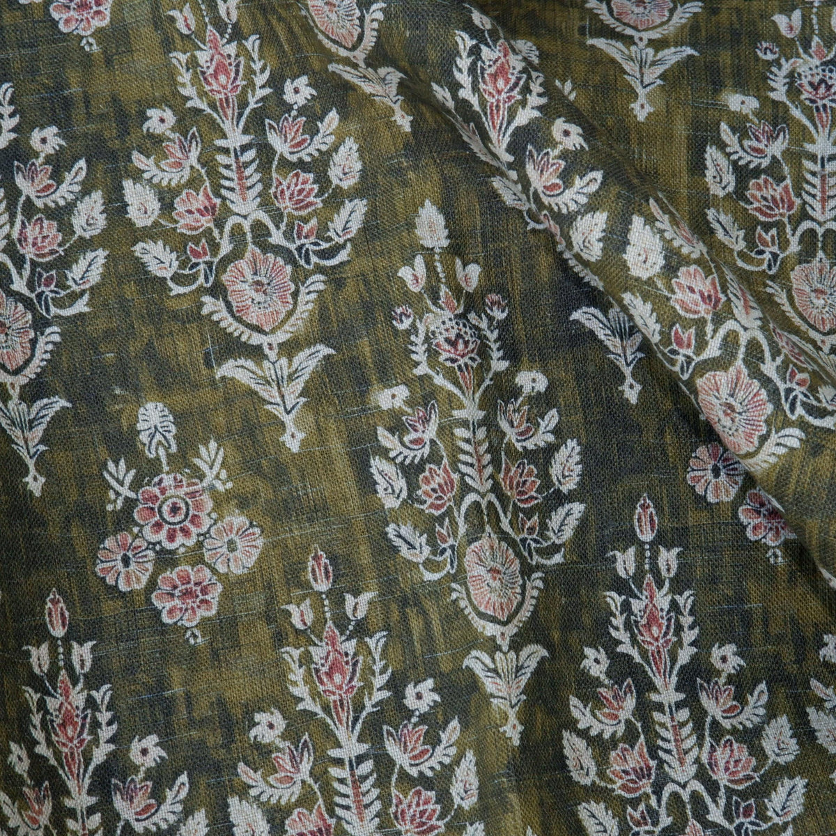 100% LINEN Fabric block print indian khaki green 3659 -  oatmeal linen fabric with green floral print decor