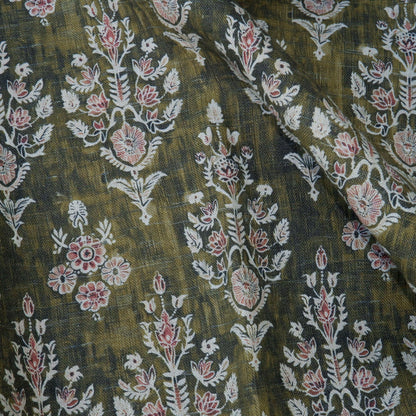 100% LINEN Fabric block print indian khaki green 3659 -  oatmeal linen fabric with green floral print decor