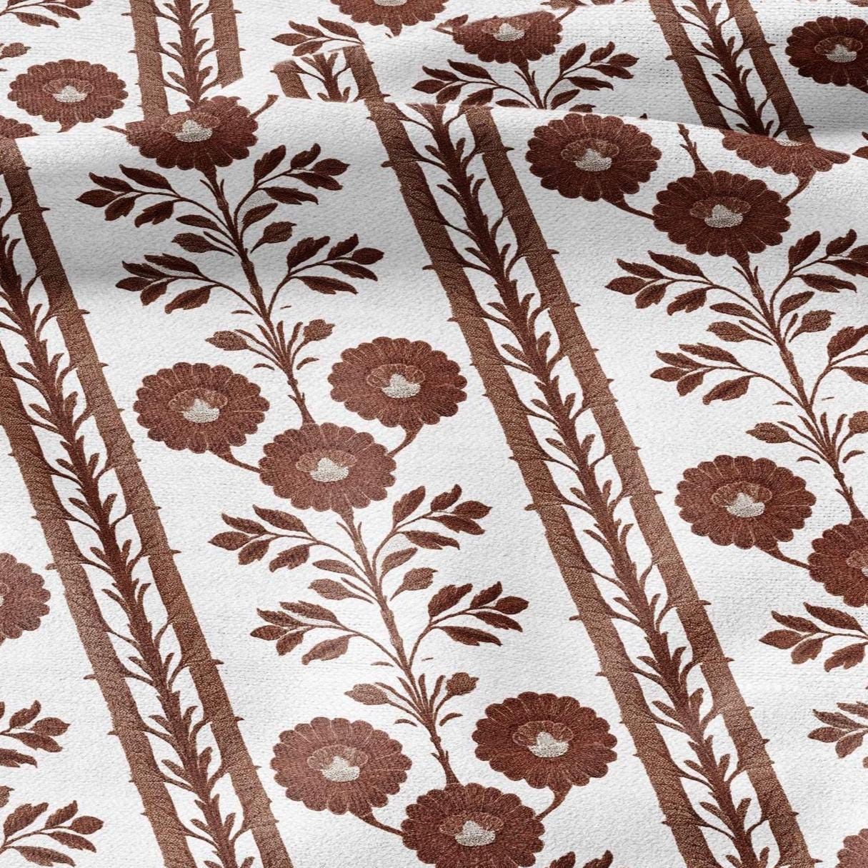 100% LINEN Fabric block print ChairoHana - Japanese brown stripe floral linen heavy for upholstery home decor - medium for dress making 2798