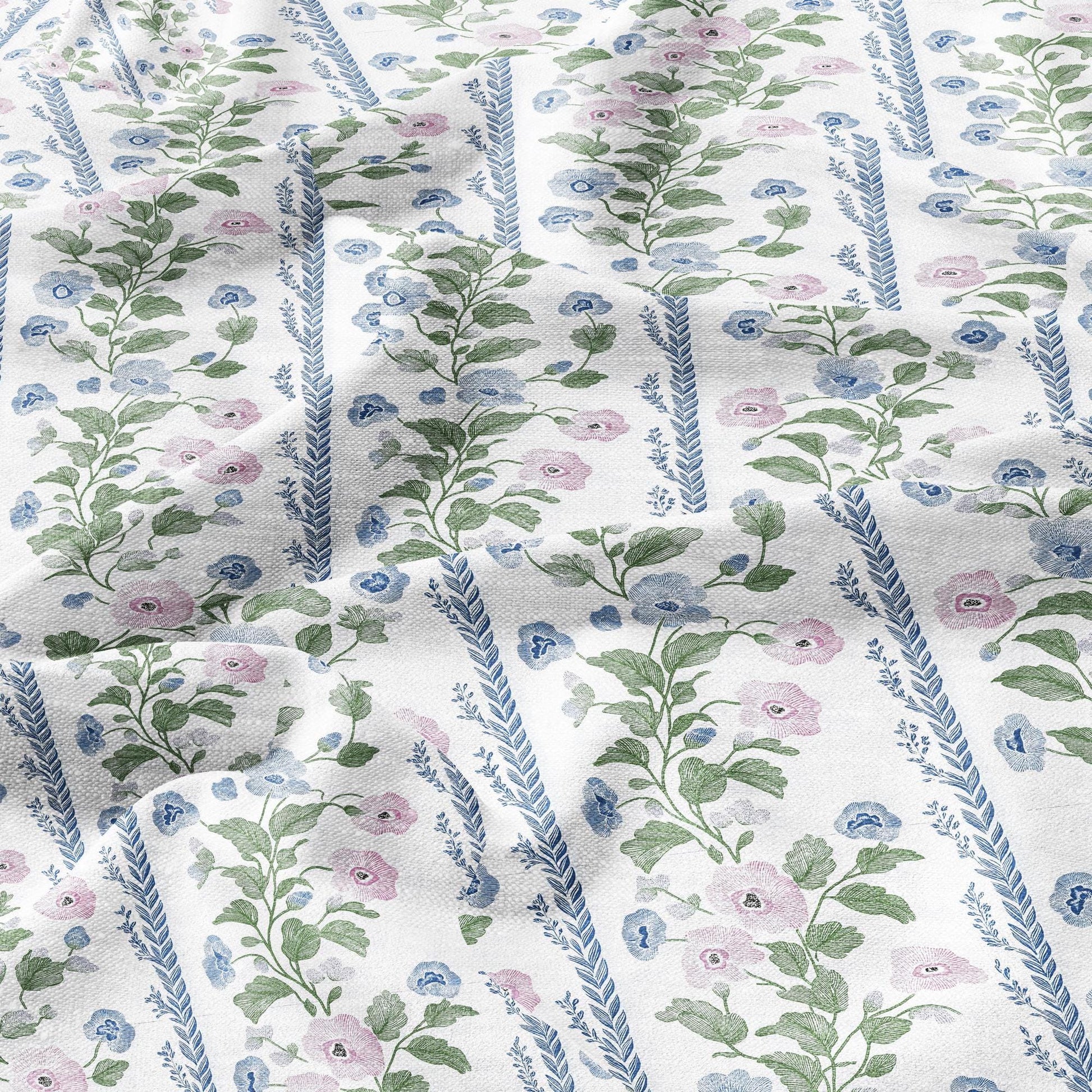 100% LINEN Fabric floral stripe print - oatmeal neutral fabric with pink blue green print - linen fabric upholstery home decor dressmaking