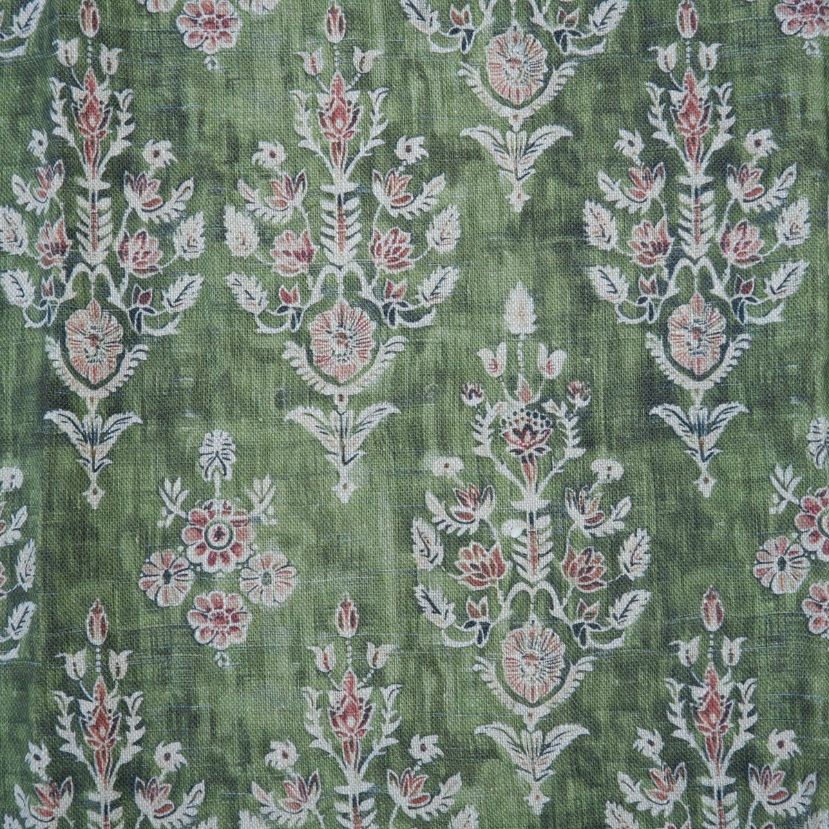 100% LINEN Fabric block print indian green 3658 - oatmeal linen fabric with green floral print decor