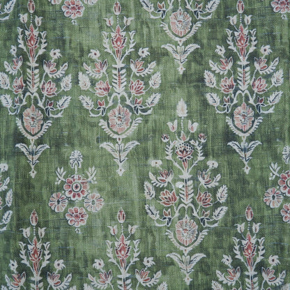 100% LINEN Fabric block print indian green 3658 - oatmeal linen fabric with green floral print decor