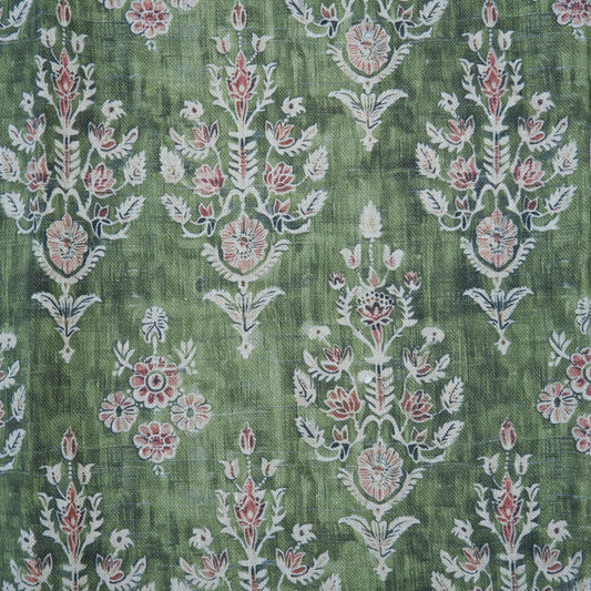 100% LINEN Fabric block print indian green 3658 - oatmeal linen fabric with green floral print decor
