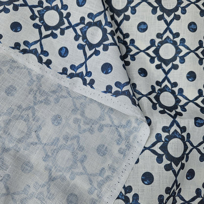 100% LINEN Fabric block print indigo blue on white - linen fabric with blue floral print  heavy linen fabric for upholstery home decor