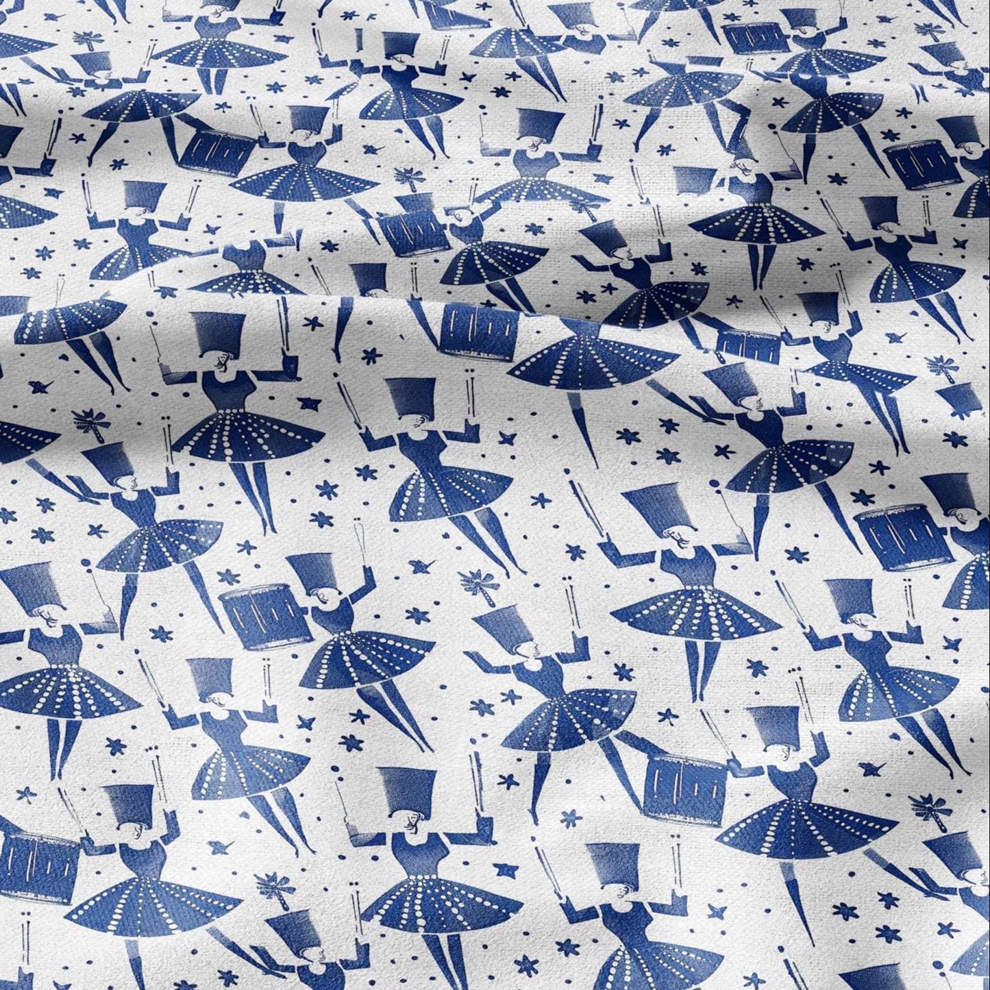 100% LINEN Fabric block print Drummers - blue white print - heavy linen fabric for upholstery home decor 2592