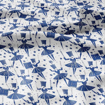 100% LINEN Fabric block print Drummers - blue white print - heavy linen fabric for upholstery home decor 2592