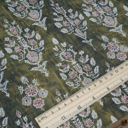 100% LINEN Fabric block print indian khaki green 3659 -  oatmeal linen fabric with green floral print decor