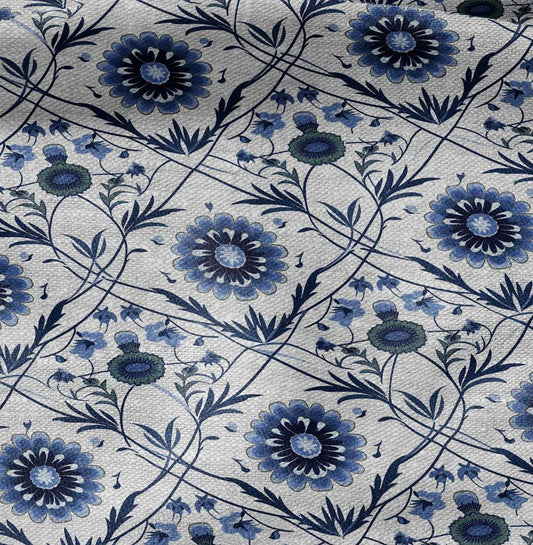 100% LINEN Fabric block print - linen fabric with blue white floral print - heavy linen fabric for upholstery home decor