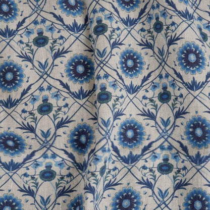 100% LINEN Fabric block print - linen with blue floral print on oatmeal - heavy linen fabric for light upholstery home decor sewing 2324