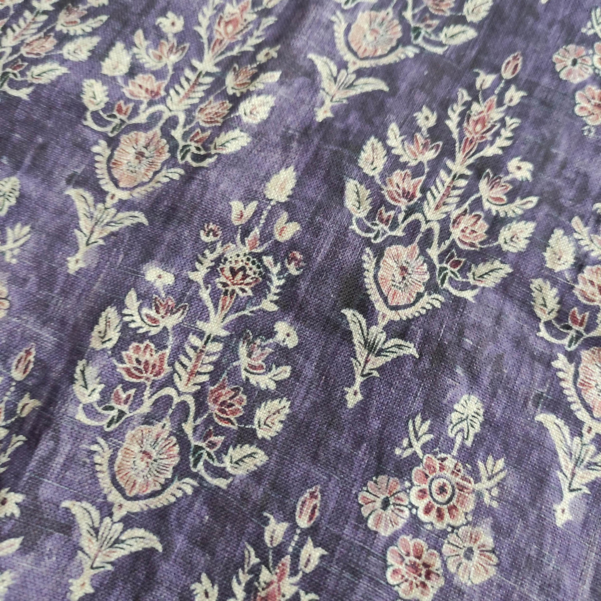 100% LINEN Fabric block print indian purple 3656 -  oatmeal linen fabric with green floral print decor