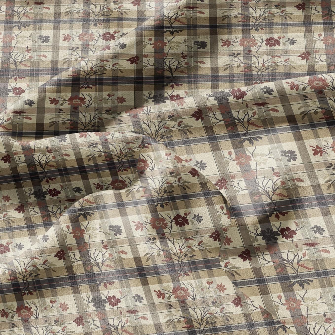 100% LINEN Fabric block print Gingham floral - brown floral linen heavy for upholstery home decor - medium for dress making 2911