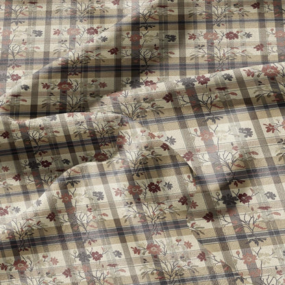 100% LINEN Fabric block print Gingham floral - brown floral linen heavy for upholstery home decor - medium for dress making 2911