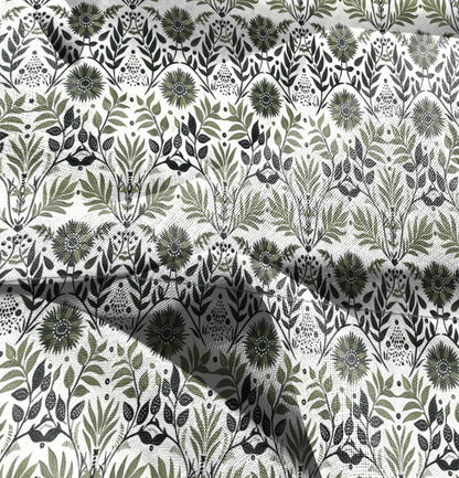 100% LINEN Fabric Floral green white, linen fabric with botanical block print, heavy linen fabric for upholstery home decor curtains cushion