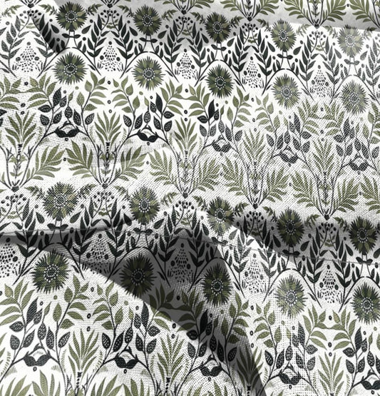 100% LINEN Fabric Floral green white, linen fabric with botanical block print, heavy linen fabric for upholstery home decor curtains cushion