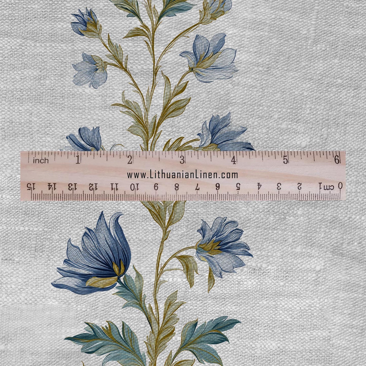100% LINEN Fabric block print stripe floral blue green on grey - oatmeal linen fabric with botanical print for upholstery home decor 2915