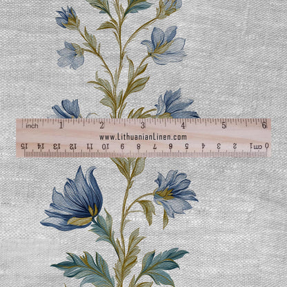 100% LINEN Fabric block print stripe floral blue green on grey - oatmeal linen fabric with botanical print for upholstery home decor 2915