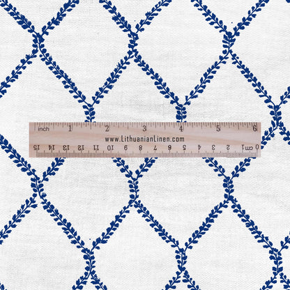 100% LINEN Fabric Herritage trellis print - Grandmillennial Modern vintage blue - upholstery curtains dress making 2949