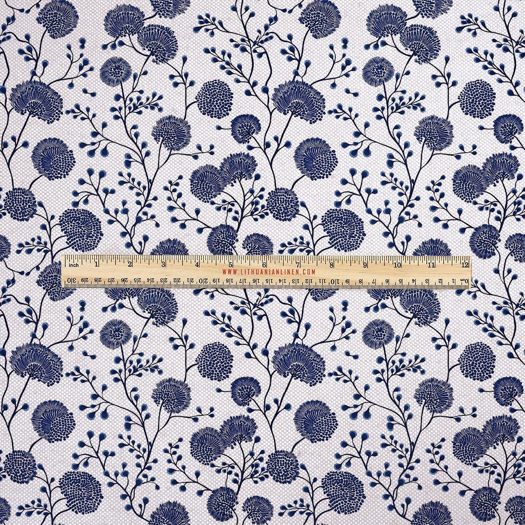 100% LINEN Fabric UPHOLSTERY 12oz - block print indigo blue flowers - Floral Modern Vintage upholstery 2304