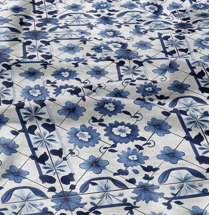 100% LINEN Fabric block print indigo blue white Portugal tile - mediterranean fabric floral print - linen fabric upholstery dress making