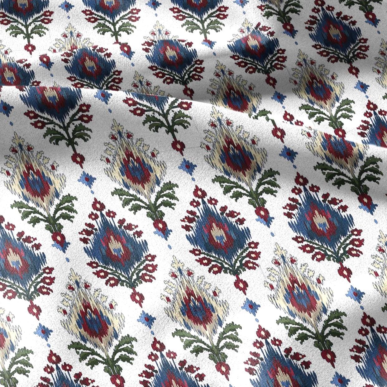 100% linen fabric Ikat red blue green white print - Vintage flower abstract  botanical - modern vintage 3407