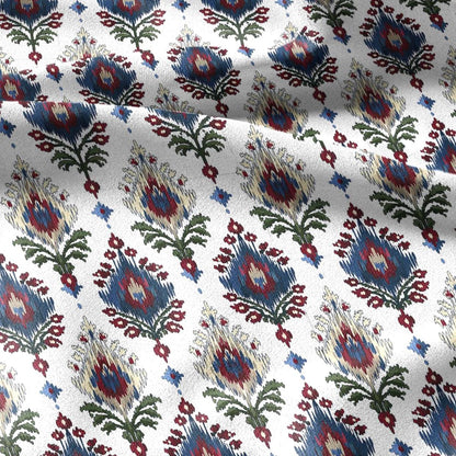 100% linen fabric Ikat red blue green white print - Vintage flower abstract  botanical - modern vintage 3407