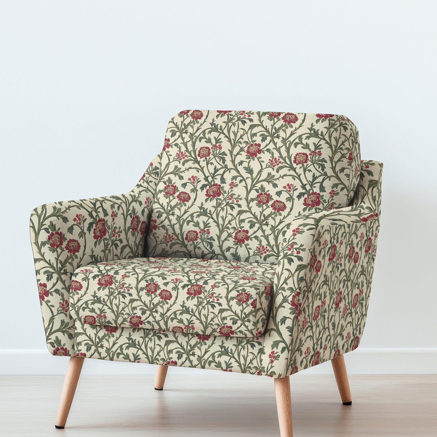 100% LINEN Fabric UPHOLSTERY 12oz - Benmore flower print on linen - Modern vintage pattern Beige red floral field 2062