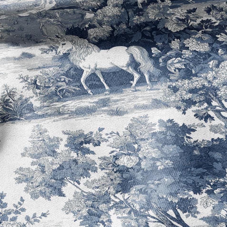 100% LINEN Fabric Unicorn - toile de jouy fairytale print heavy for upholstery home decor or medium for dress making - blue chinoiserie 2810