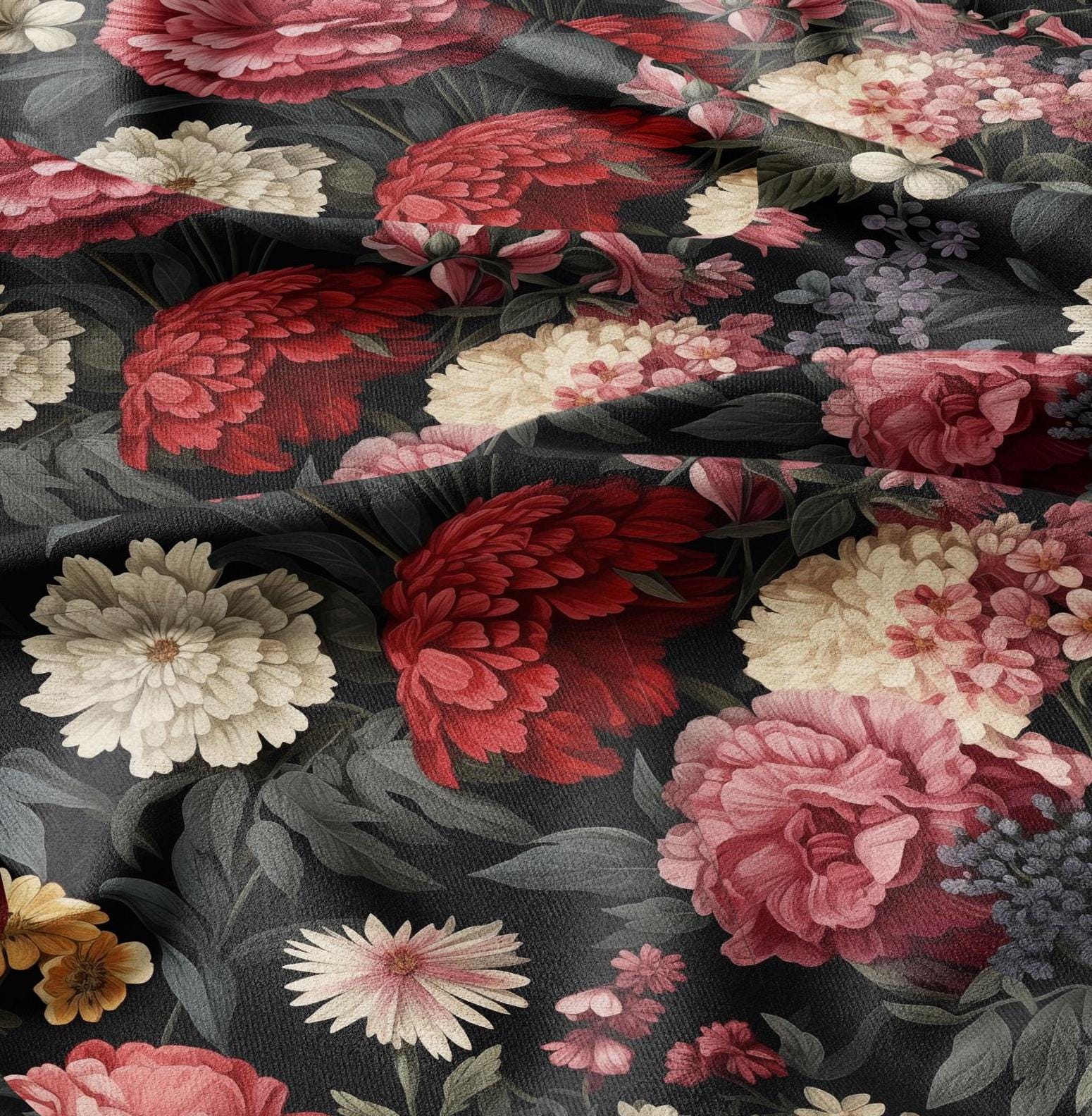 100% linen baroque floral print - floral red linen fabric Historical pattern for upholstery dress making curtains