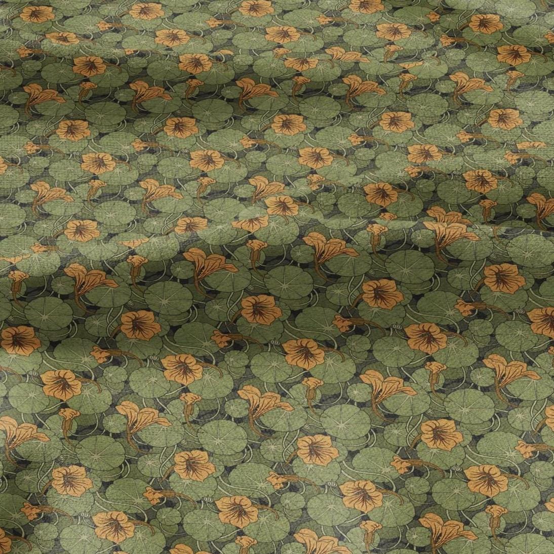100% linen Nasturtium prints fabric for Curtain Upholstery Cushion - Art deco orange flower print fabric for dress making sewing