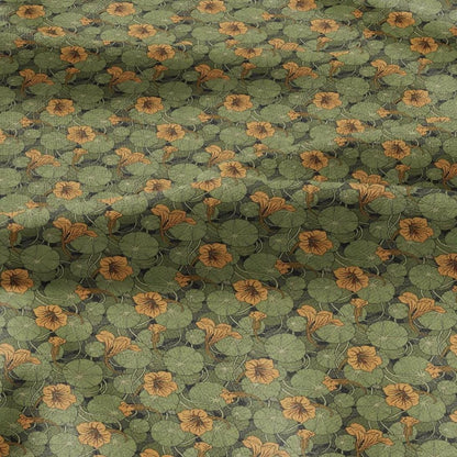 100% linen Nasturtium prints fabric for Curtain Upholstery Cushion - Art deco orange flower print fabric for dress making sewing