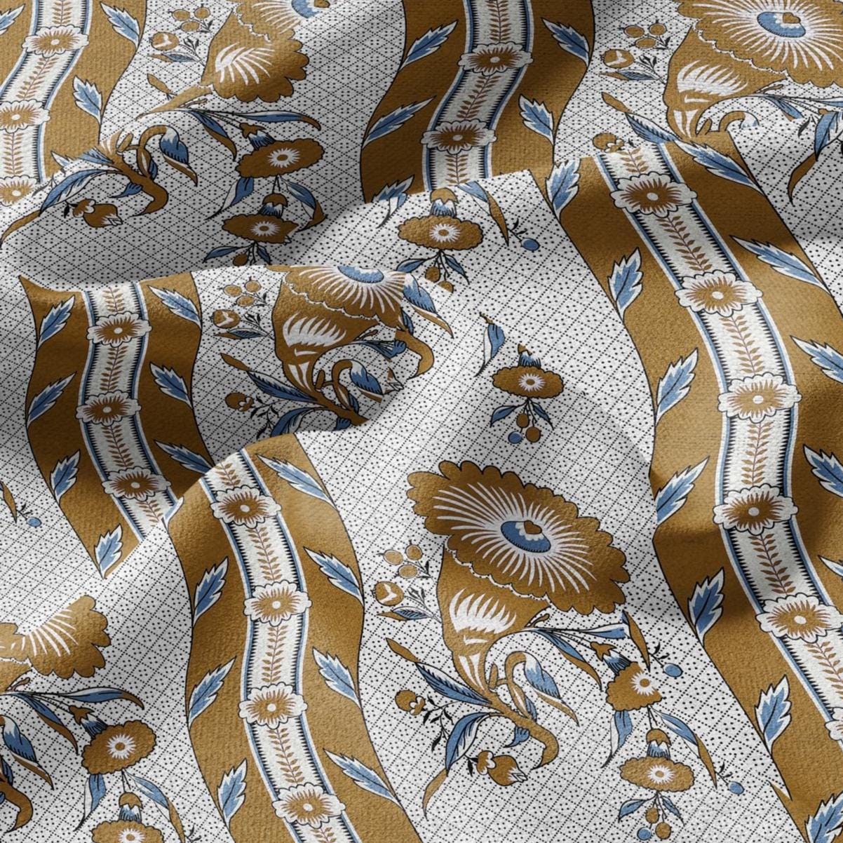 100% LINEN Fabric Vintage floral squirl stripe print - Modern botanical - Victorian Art Craft yellow yellow 3162