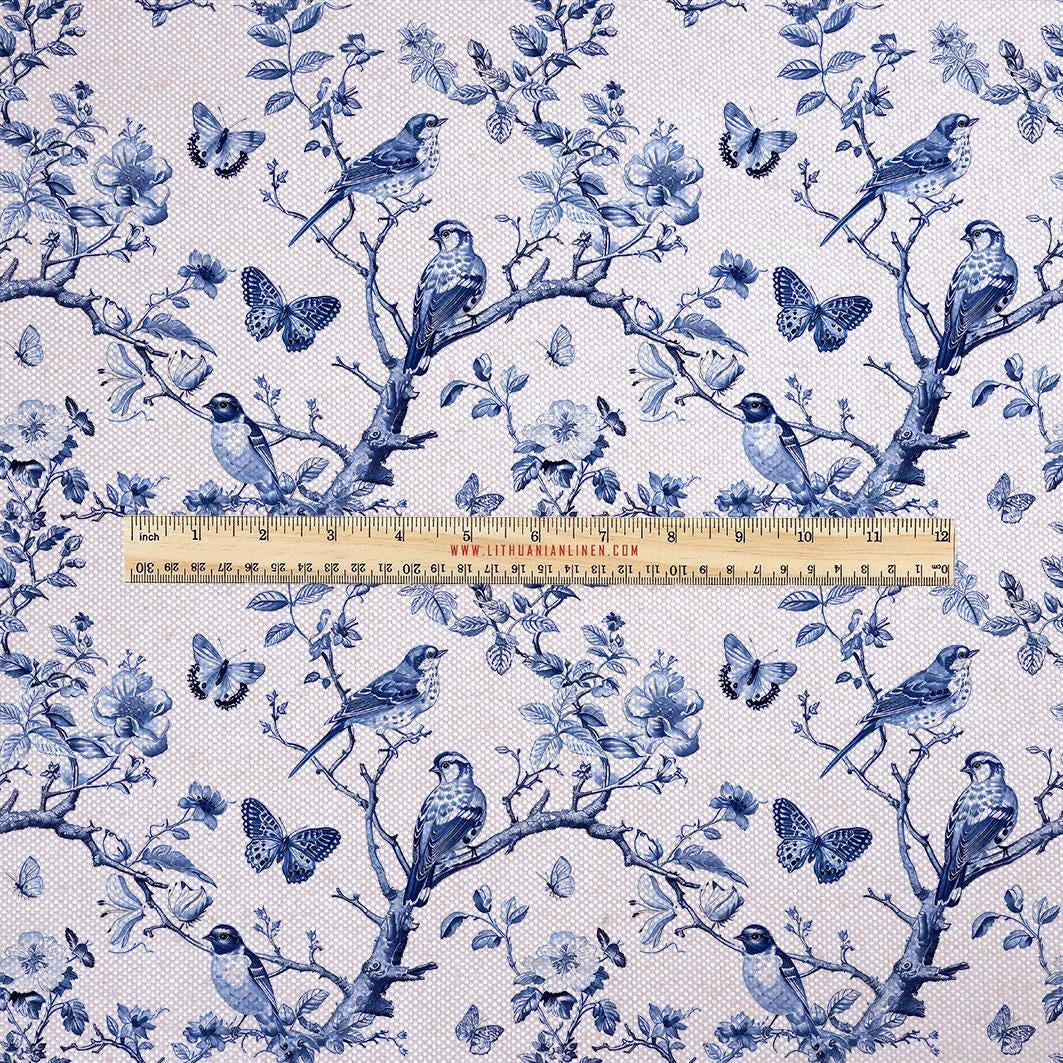 100% LINEN Fabric UPHOLSTERY 12oz - Toile de jouy print tree with brids indigo blue - floral oatmeal Modern Vintage upholstery 341