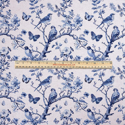 100% LINEN Fabric UPHOLSTERY 12oz - Toile de jouy print tree with brids indigo blue - floral oatmeal Modern Vintage upholstery 341