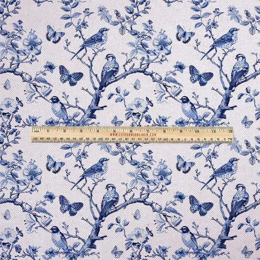 100% LINEN Fabric UPHOLSTERY 12oz - Toile de jouy print tree with brids indigo blue - floral oatmeal Modern Vintage upholstery 341