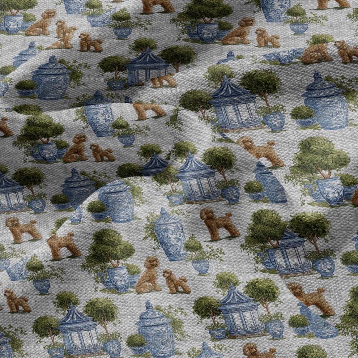100% LINEN Fabric Puddel print - oatmeal linen fabric with botanical print - chinoiserie garden tropical 3348