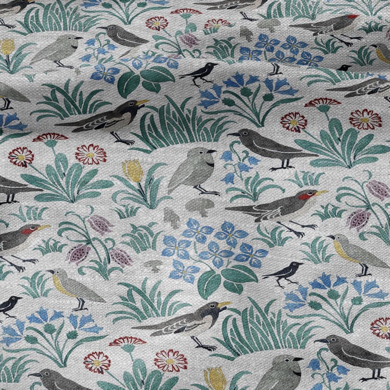 100% linen fabric - Birds in field by Voysey  - Victorian Art crafts - Historical pattern home decor dress making 2988