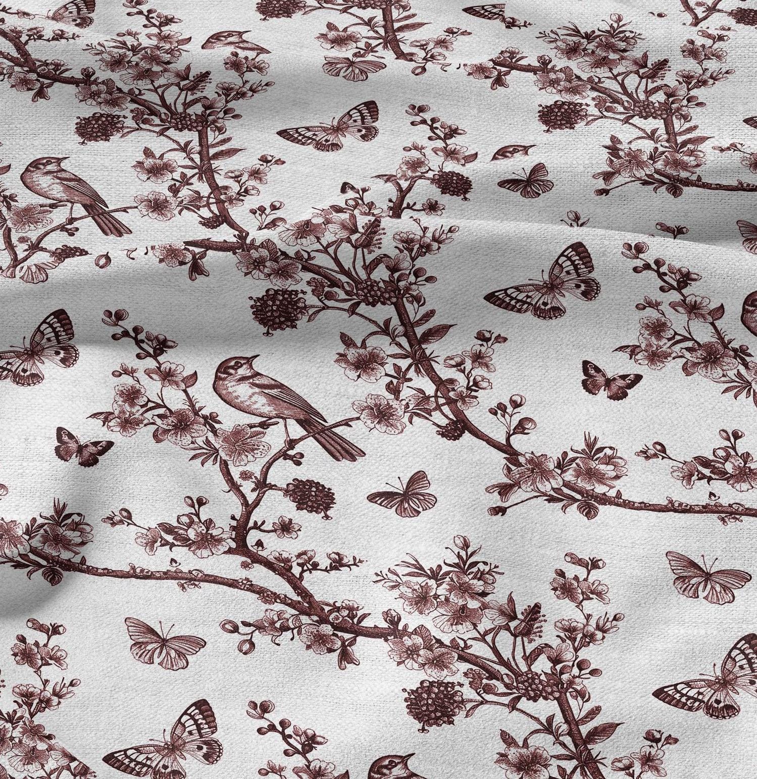 100% LINEN Fabric Floral toile de jouy red print - linen fabric with botanical print - linen fabric for upholstery home decor curtains