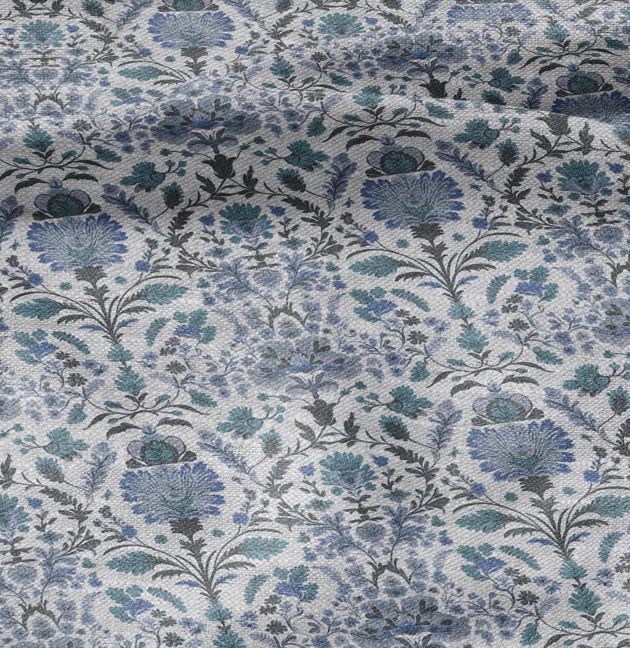 100% LINEN Fabric block print pale blue on white - floral linen Fabric LithuanianLinen for upholstery dressmaking curtains home textile