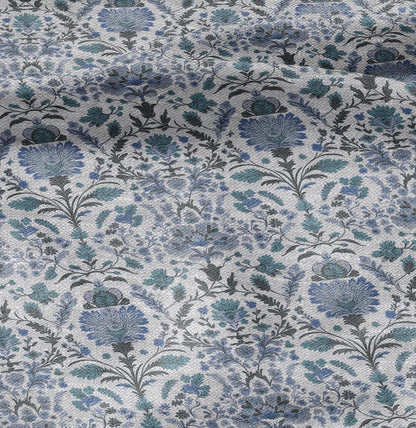 100% LINEN Fabric block print pale blue on white - floral linen Fabric LithuanianLinen for upholstery dressmaking curtains home textile