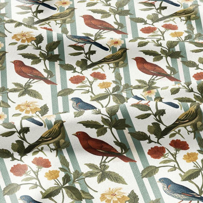 100% LINEN Fabric Birds on fence print - botanical stripe upholstery home textile artisan fabrics red blue green white 2745