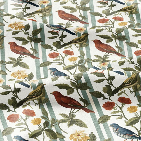 100% LINEN Fabric Birds on fence print - botanical stripe upholstery home textile artisan fabrics red blue green white 2745