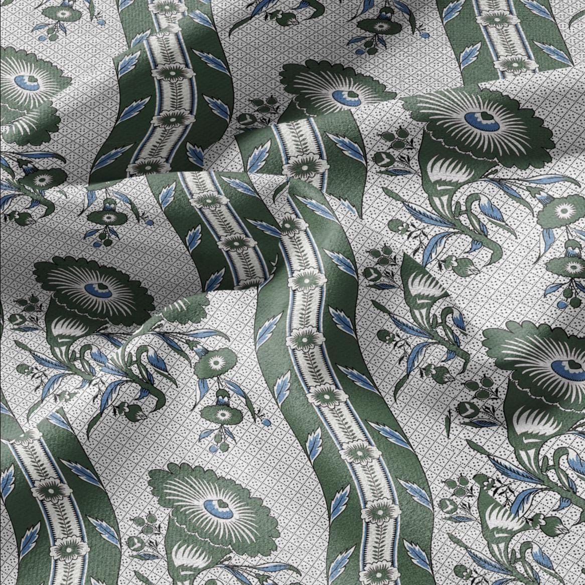 100% LINEN Fabric Vintage floral squilr stripe print - Modern botanical - Victorian Art Craft yellow green 3166