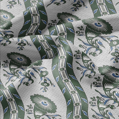 100% LINEN Fabric Vintage floral squilr stripe print - Modern botanical - Victorian Art Craft yellow green 3166