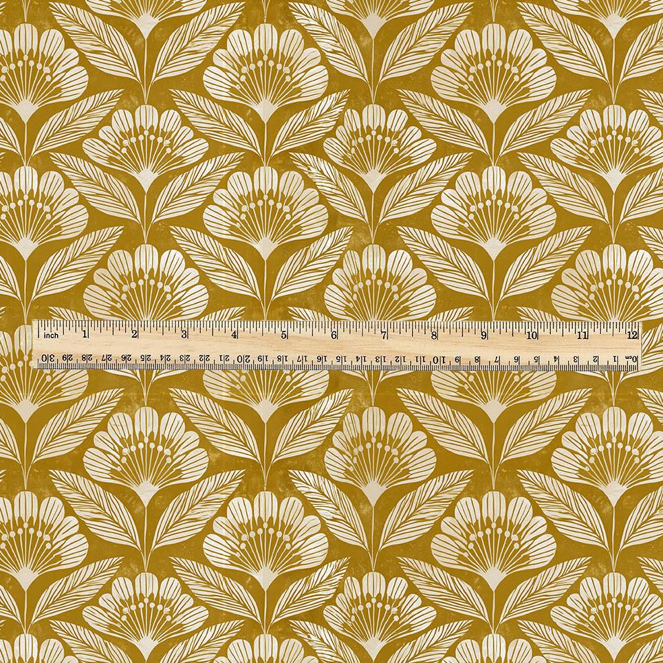 100% linen fabric retro mustard print Blossom - Mid-century botanical / 1970s Scandinavian-inspired floral 3792
