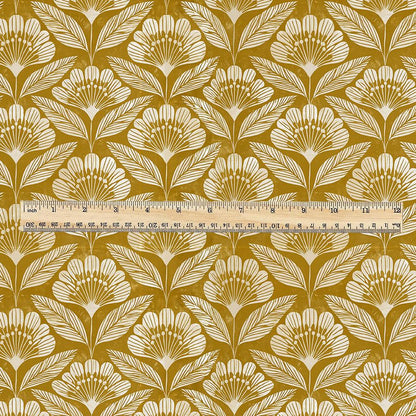 100% linen fabric retro mustard print Blossom - Mid-century botanical / 1970s Scandinavian-inspired floral 3792