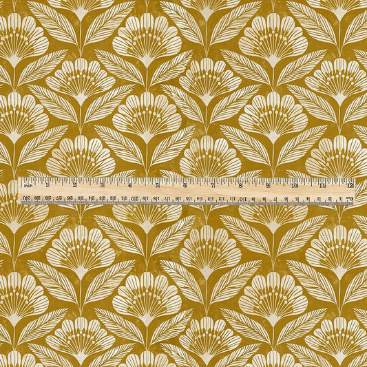 100% linen fabric retro mustard print Blossom - Mid-century botanical / 1970s Scandinavian-inspired floral 3792